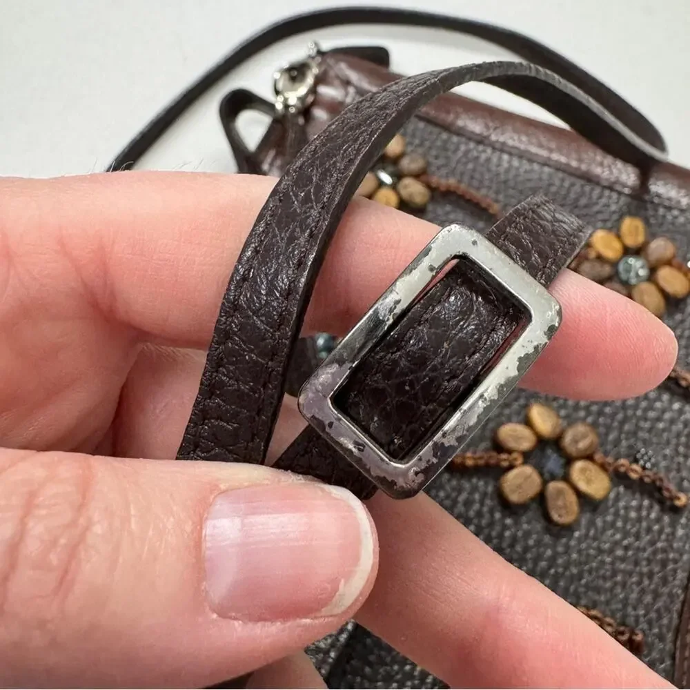 Brighton Vintage Brown Leather Wood Beaded Crossbody Handbag Purse Boho Bag